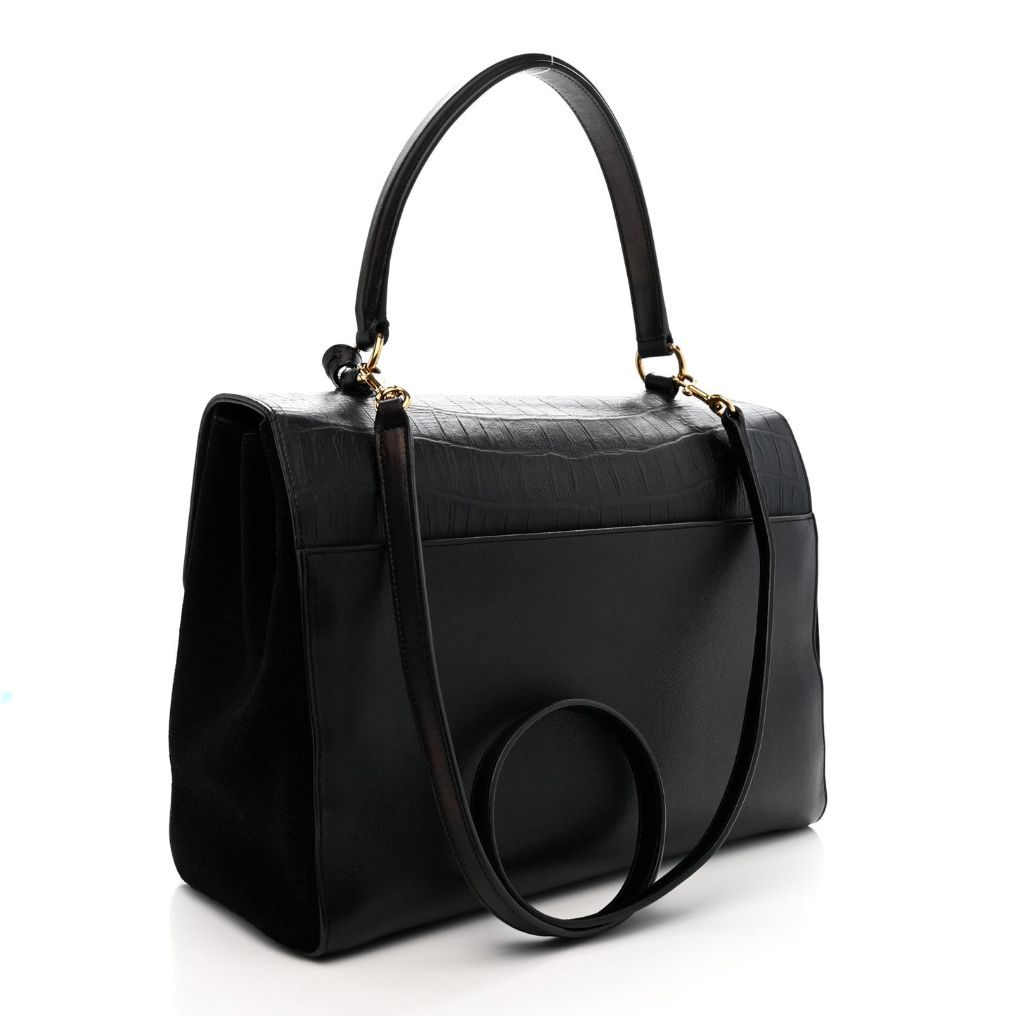 Calfskin Crocodile Embossed Medium Moujik Top Handle Bag Black