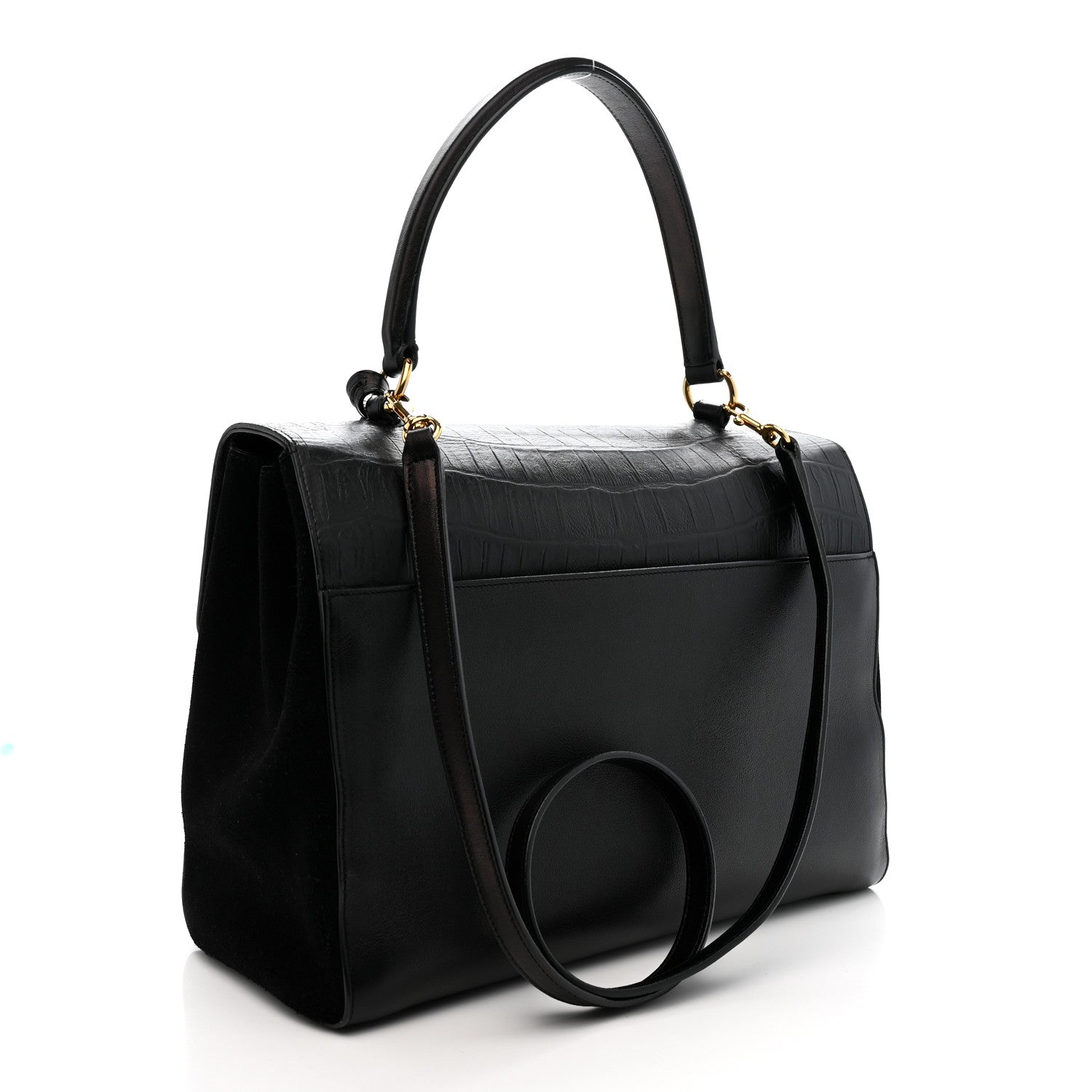 Saint Laurent Calfskin Crocodile Embossed Medium Moujik Top Handle Bag Black 3 of 16