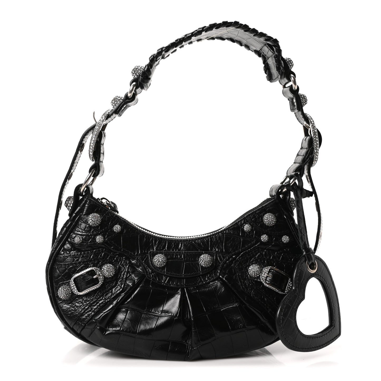 Extra Supple Calfskin Crystal Crocodile Embossed Le Cagole Shoulder Bag XS Black