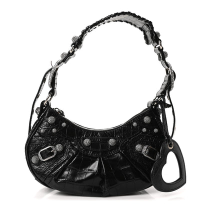Balenciaga Extra Supple Calfskin Crystal Crocodile Embossed Le Cagole Shoulder Bag XS Black 3 of 11