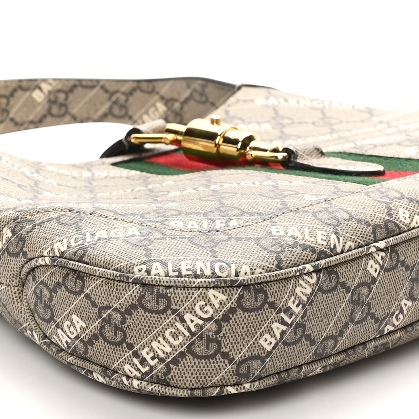 X BALENCIAGA GG Supreme Monogram Striped Logo Print Web Small Jackie 1961 Hobo Beige Ebony Mystic White