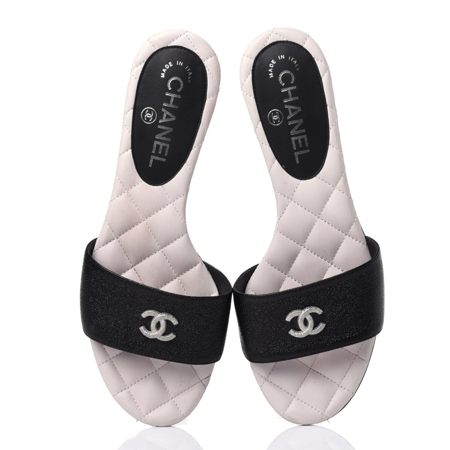 Goatskin Lambskin Quilted CC Sandal Mules 37.5 Black White