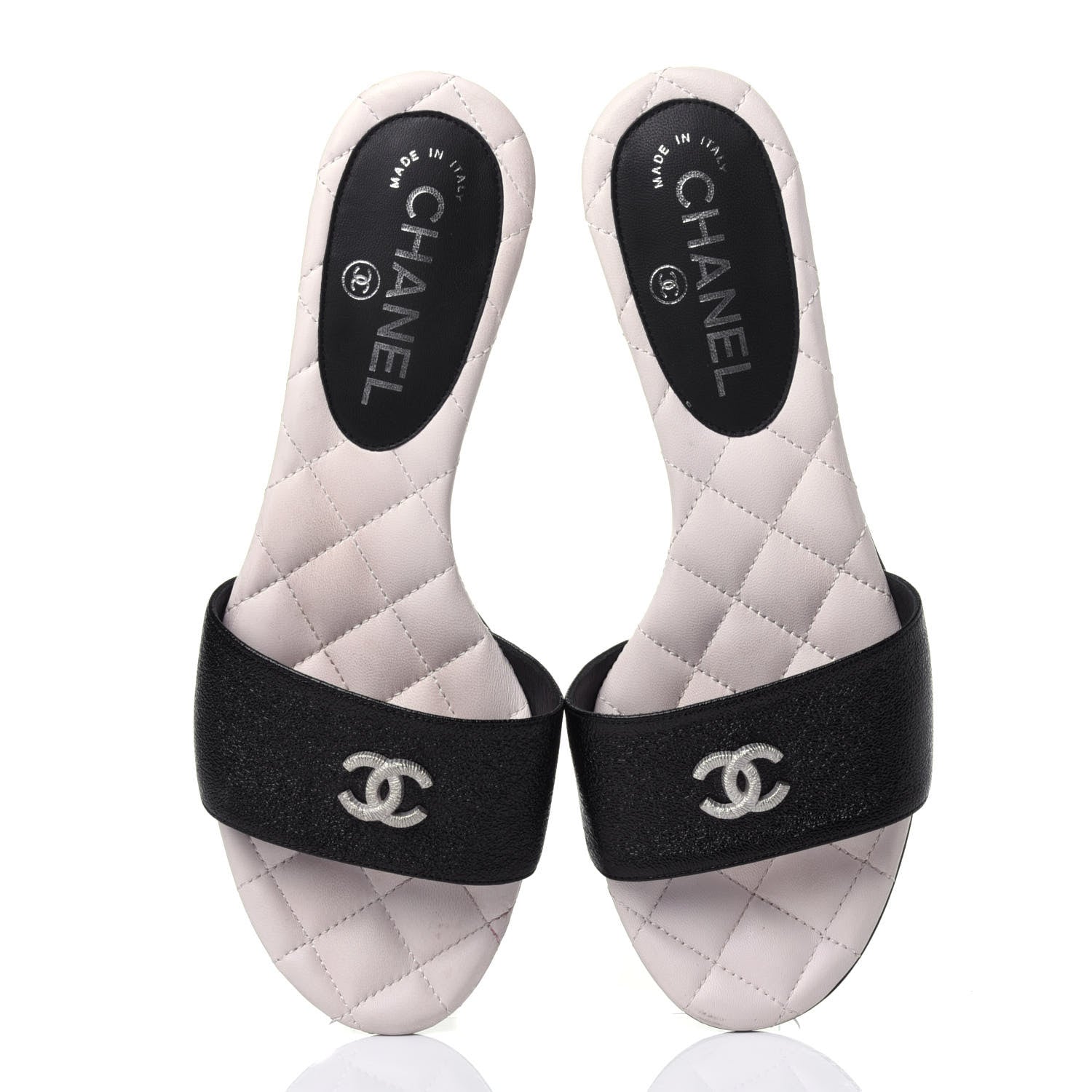 Chanel Goatskin Lambskin Quilted CC Sandal Mules 37.5 Black White 6 of 12