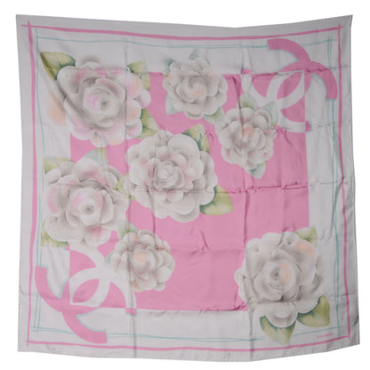 Chanel Silk Camellia Flower Scarf White Pink 2 of 5