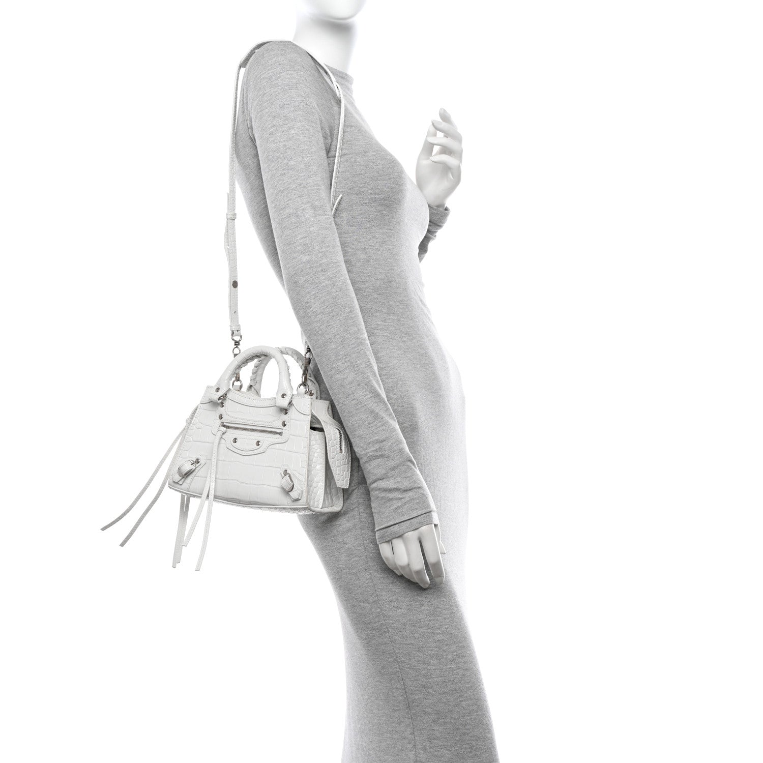 Balenciaga Semi Shiny Calfskin Crocodile Embossed Neo Classic Silver Hardware Mini City White 2 of 11