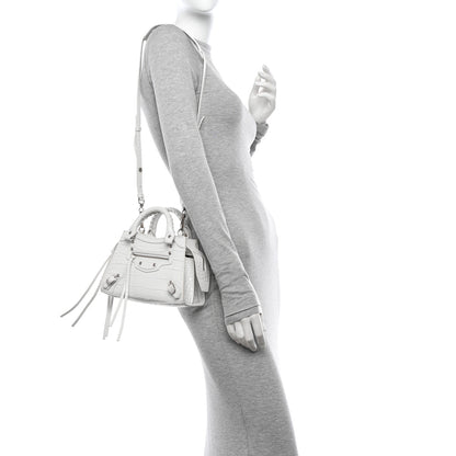 Balenciaga Semi Shiny Calfskin Crocodile Embossed Neo Classic Silver Hardware Mini City White 2 of 11