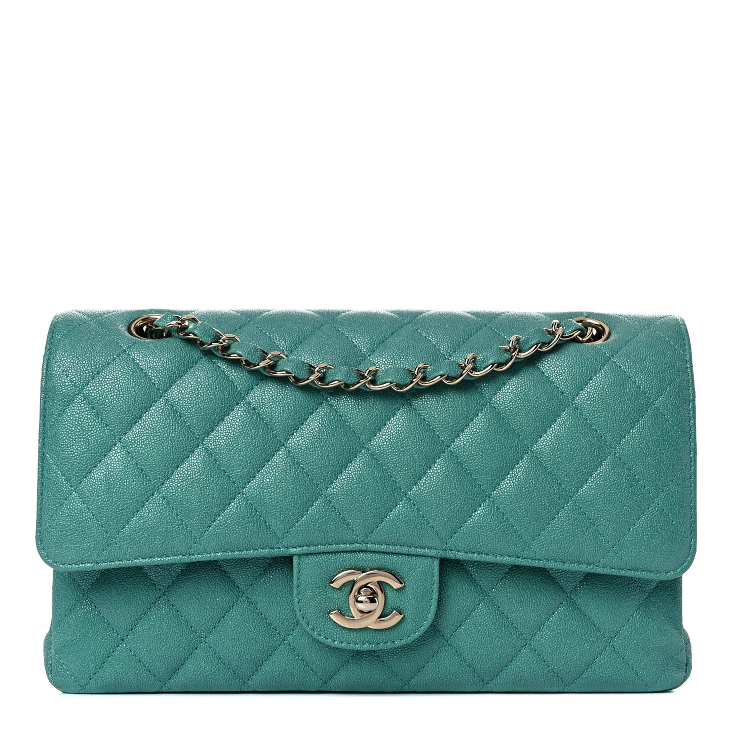 Iridescent Caviar Quilted Medium Double Flap Green