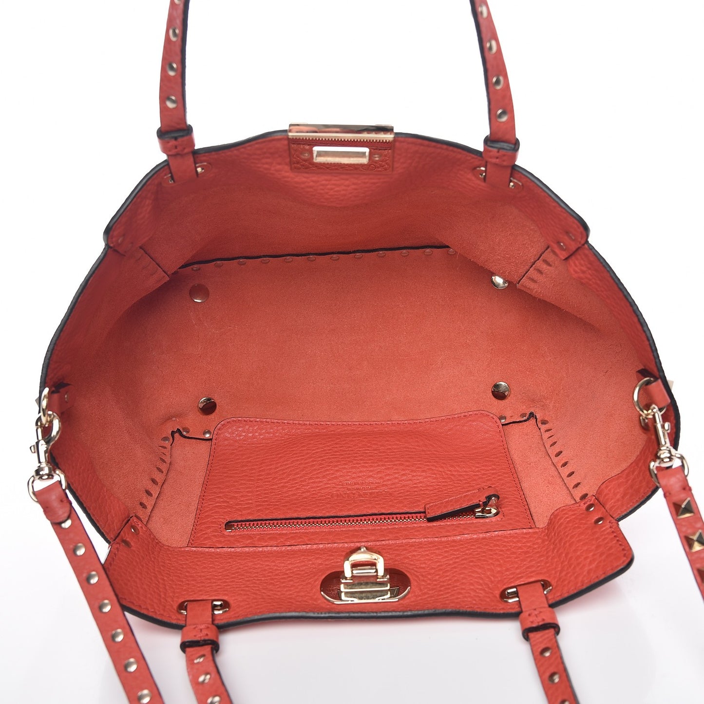 Grained Calfskin Small Rockstud Tote Deep Coral