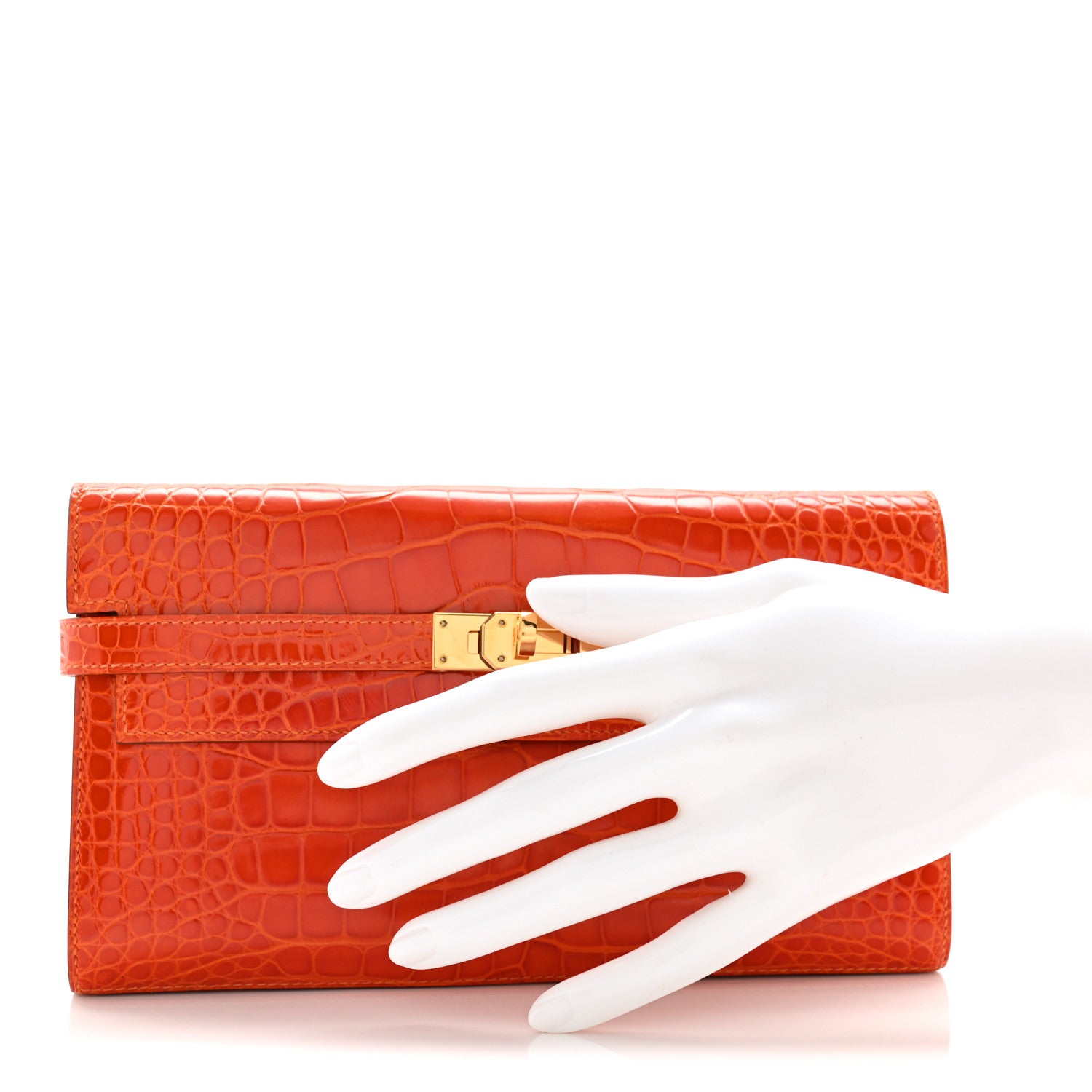 Hermes Shiny Alligator Kelly Longue Wallet Orange 2 of 11