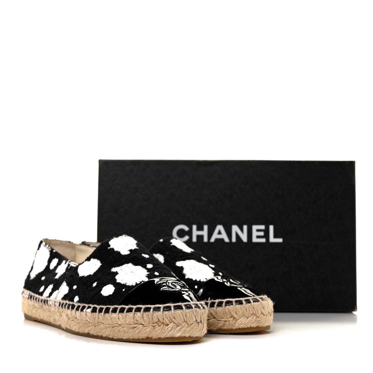Printed Tweed Patent Calfskin CC Espadrilles 36 Black White