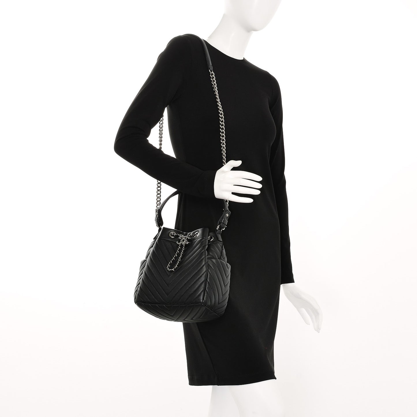 Deerskin Chevron Small Chain Bucket Bag Black