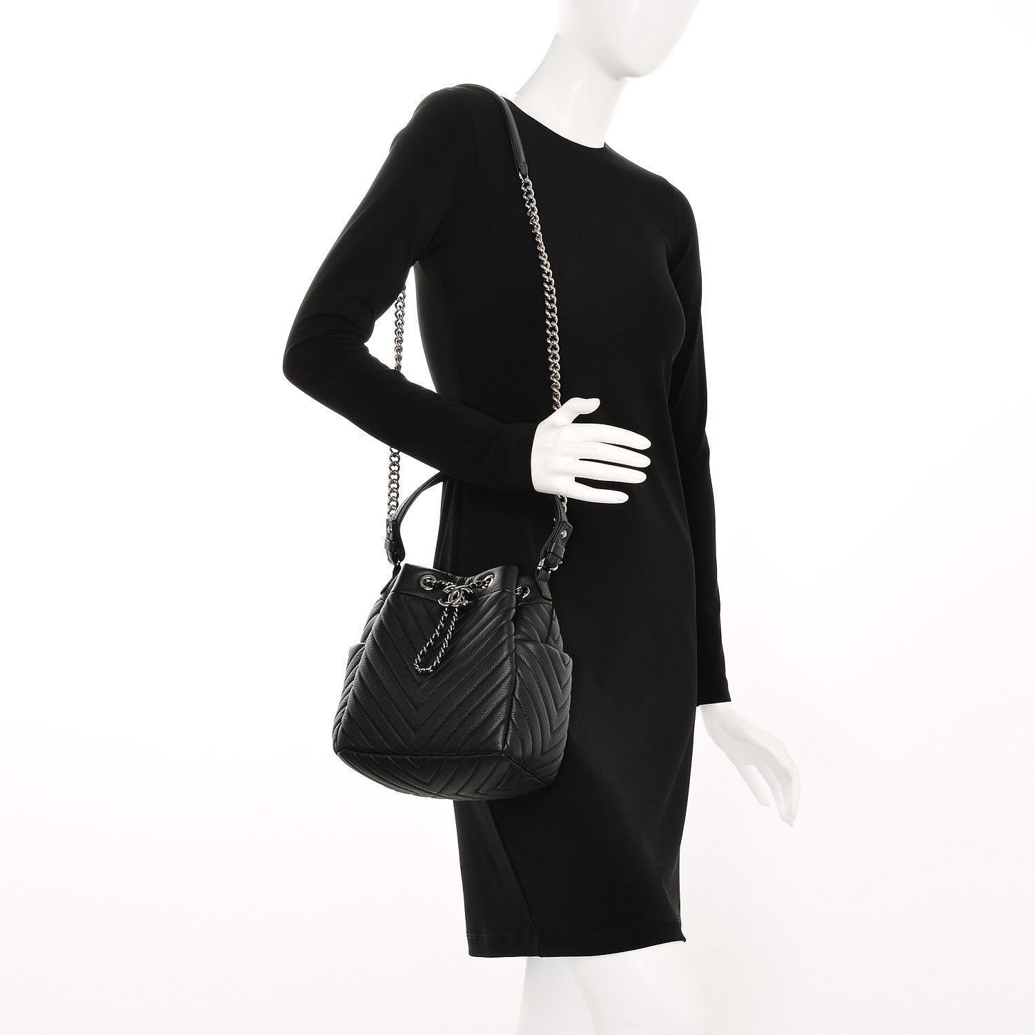 Chanel Deerskin Chevron Small Chain Bucket Bag Black 2 of 8