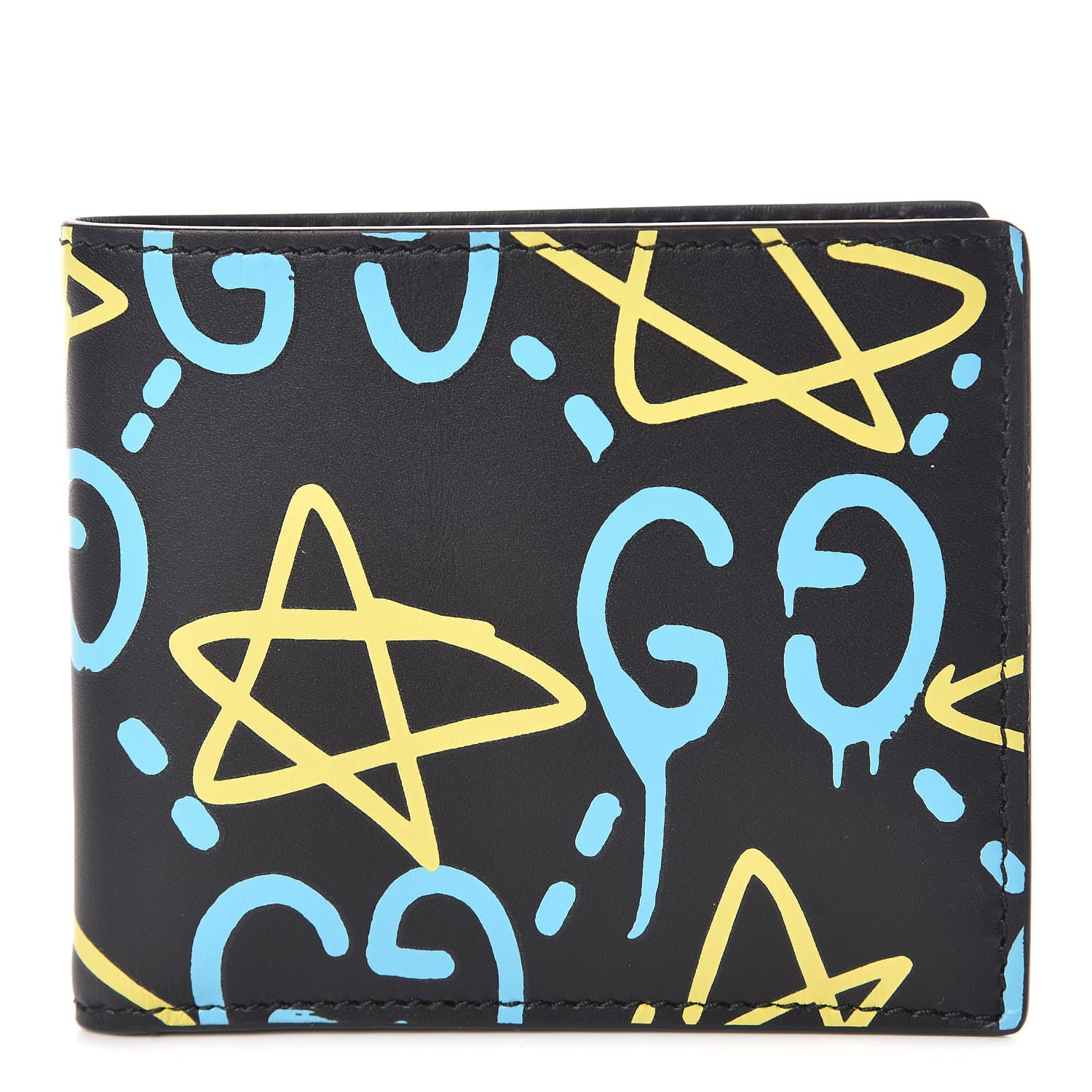 Gucci Calfskin GucciGhost Print Bi-Fold Wallet Black New Acquamarine 1 of 8