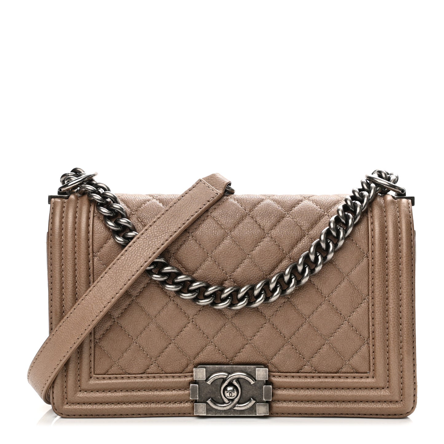 Metallic Calfskin Quilted Medium Boy Flap Taupe