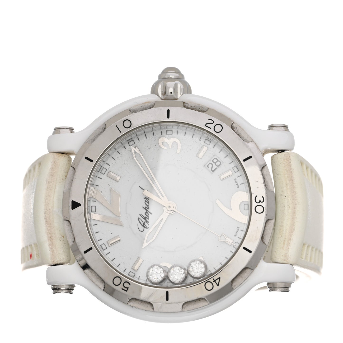 Stainless Steel Rubber 3 Floating Diamond 38mm Happy Sport Watch White