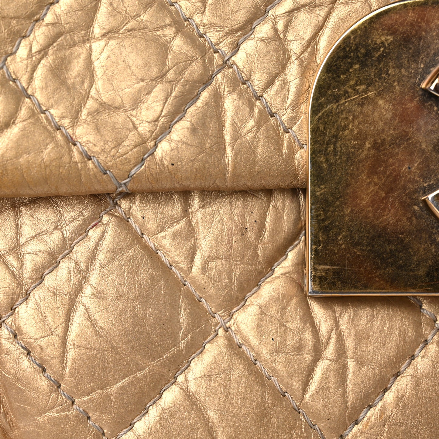 Metallic Aged Calfskin Quilted CC Square Flap Light Gold