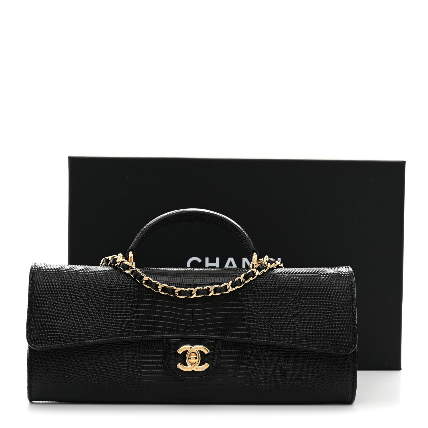 Chanel Calfskin Lizard Embossed Top Handle Long Clutch With Chain Black 11 of 11