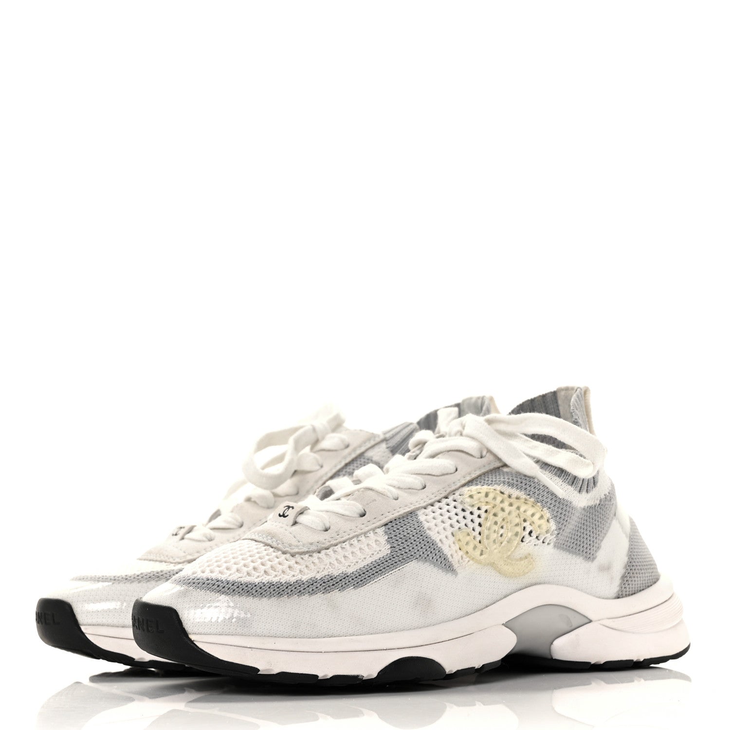 Chanel Fabric Suede Calfskin Stretch CC Sneakers 37 White Grey 3 of 5