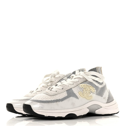 Chanel Fabric Suede Calfskin Stretch CC Sneakers 37 White Grey 3 of 5