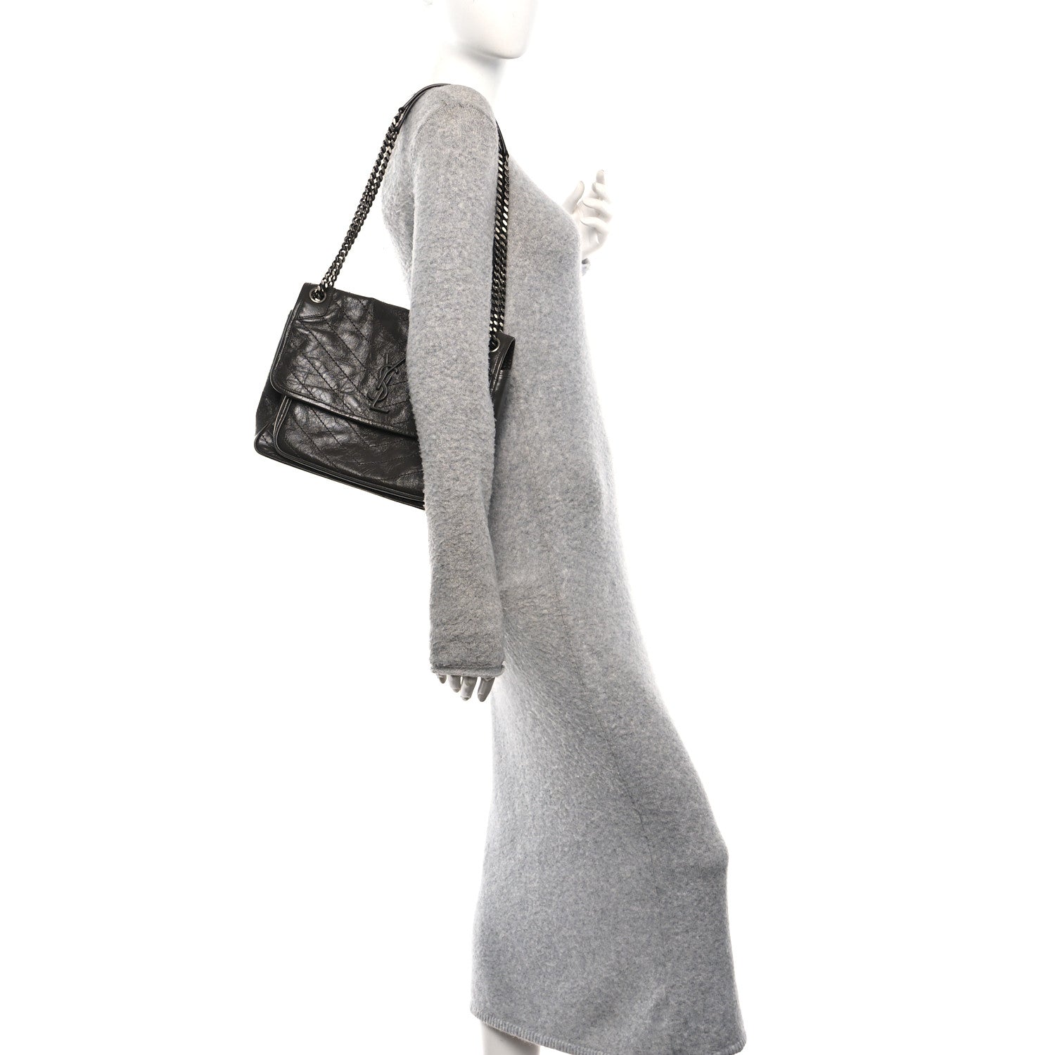 Saint Laurent Crinkled Calfskin Matelasse Monogram Medium Niki Chain Satchel Storm 2 of 12