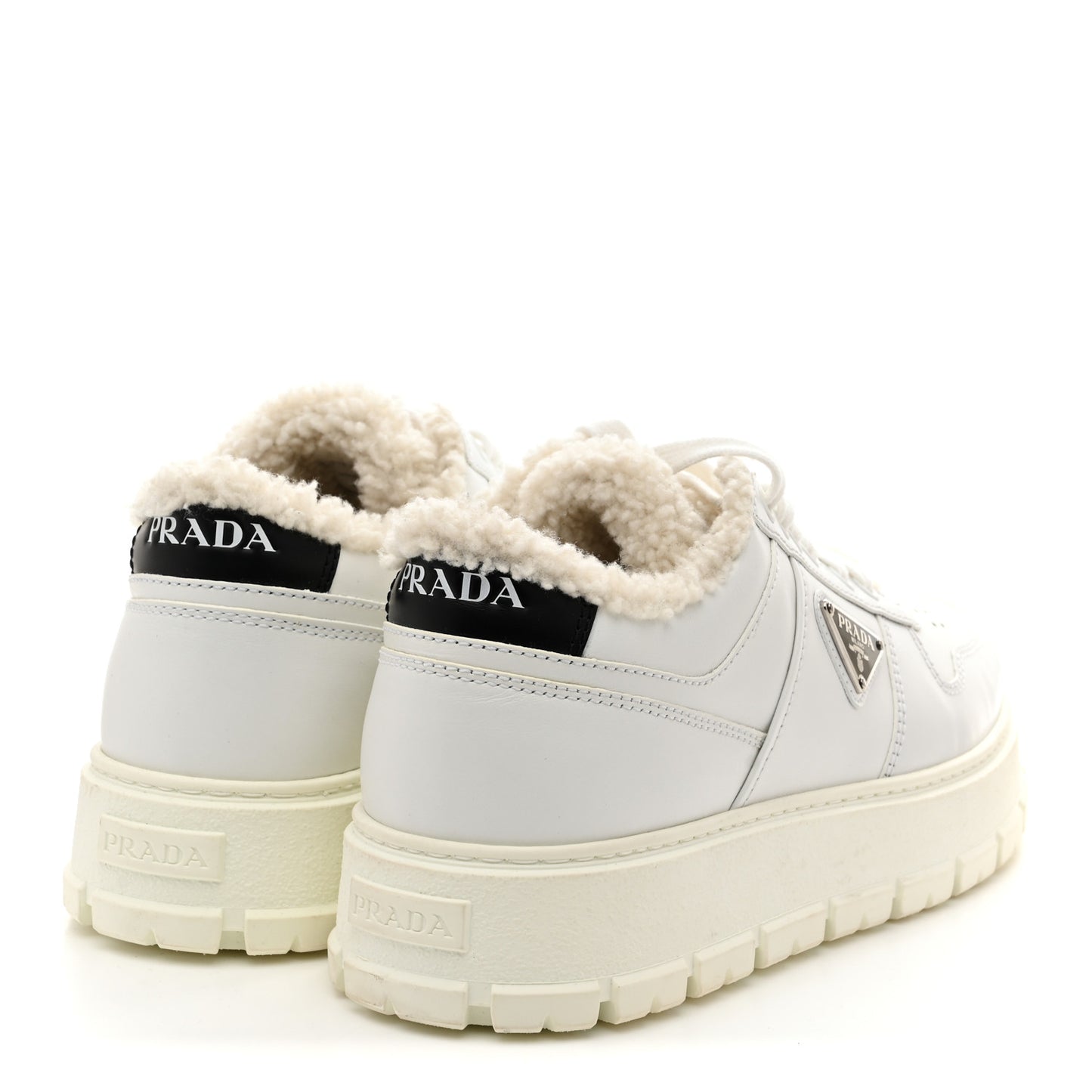 Calfskin Shearling Metal Triangle Logo Sneakers 35.5 White