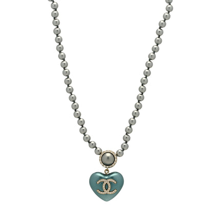 Chanel Pearl Crystal CC Heart Short Necklace Silver Blue 1 of 5