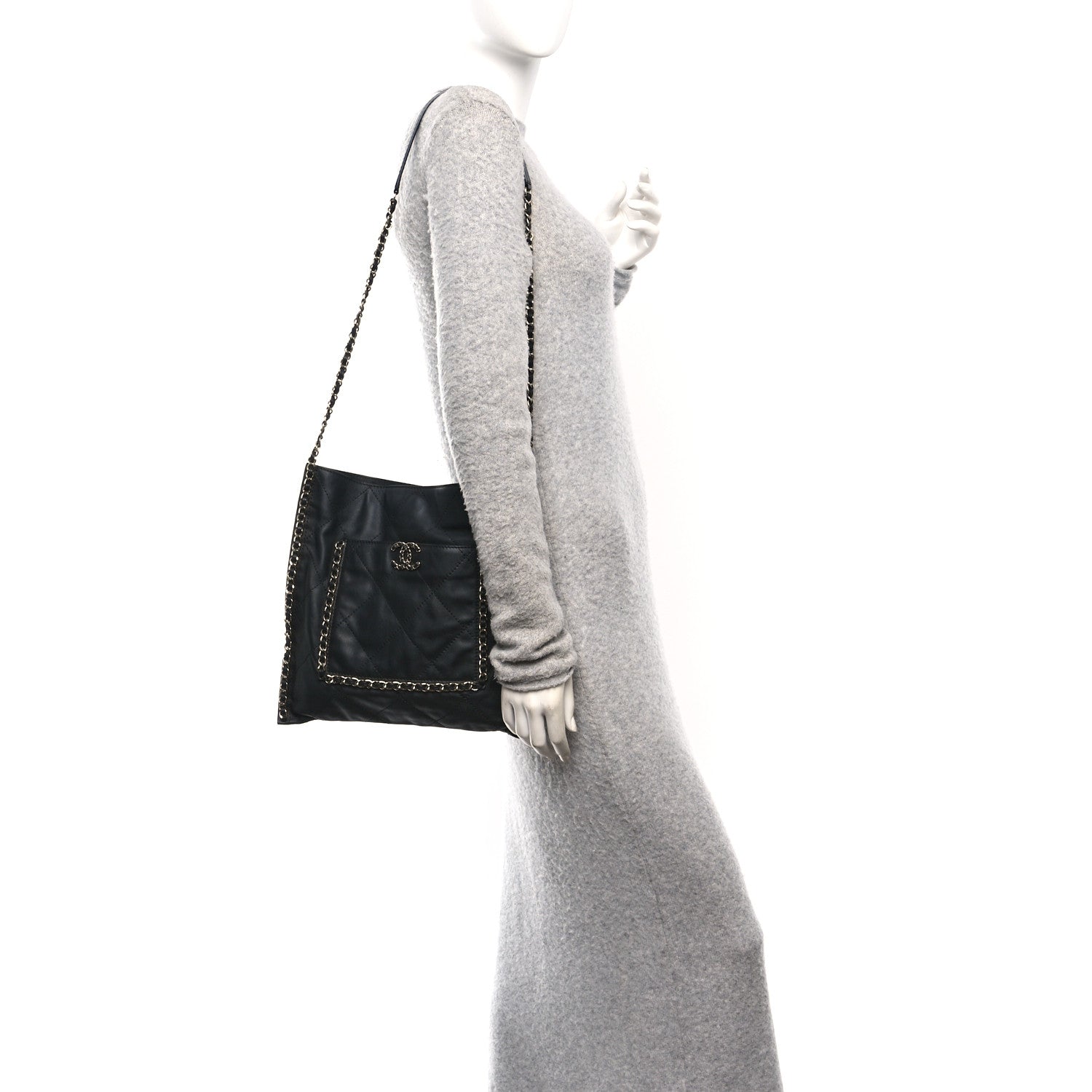 Chanel Calfskin Quilted Chain Flat Tote Black 2 of 10