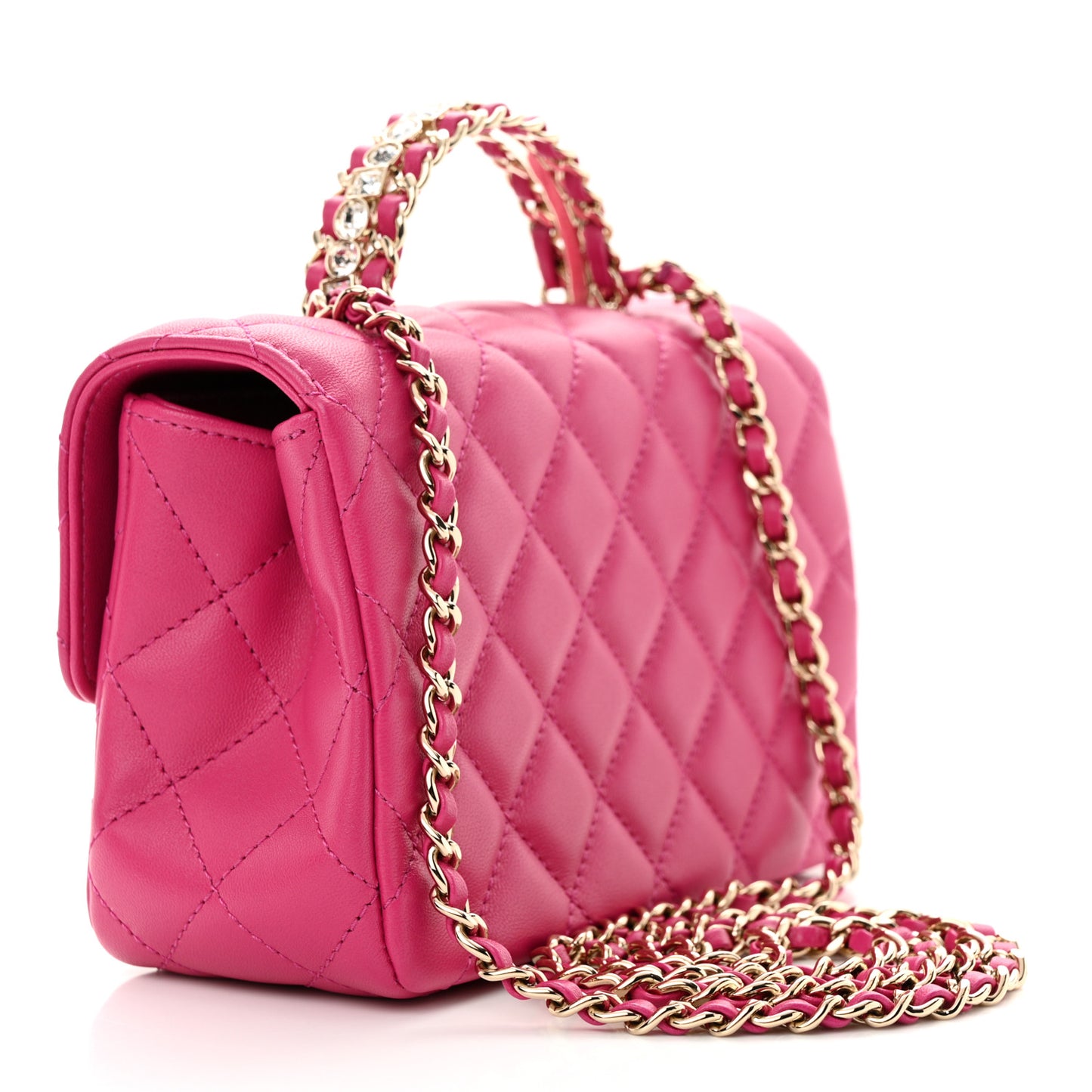 Lambskin Quilted Mini Crystal Top Handle Rectangular Flap Dark Pink