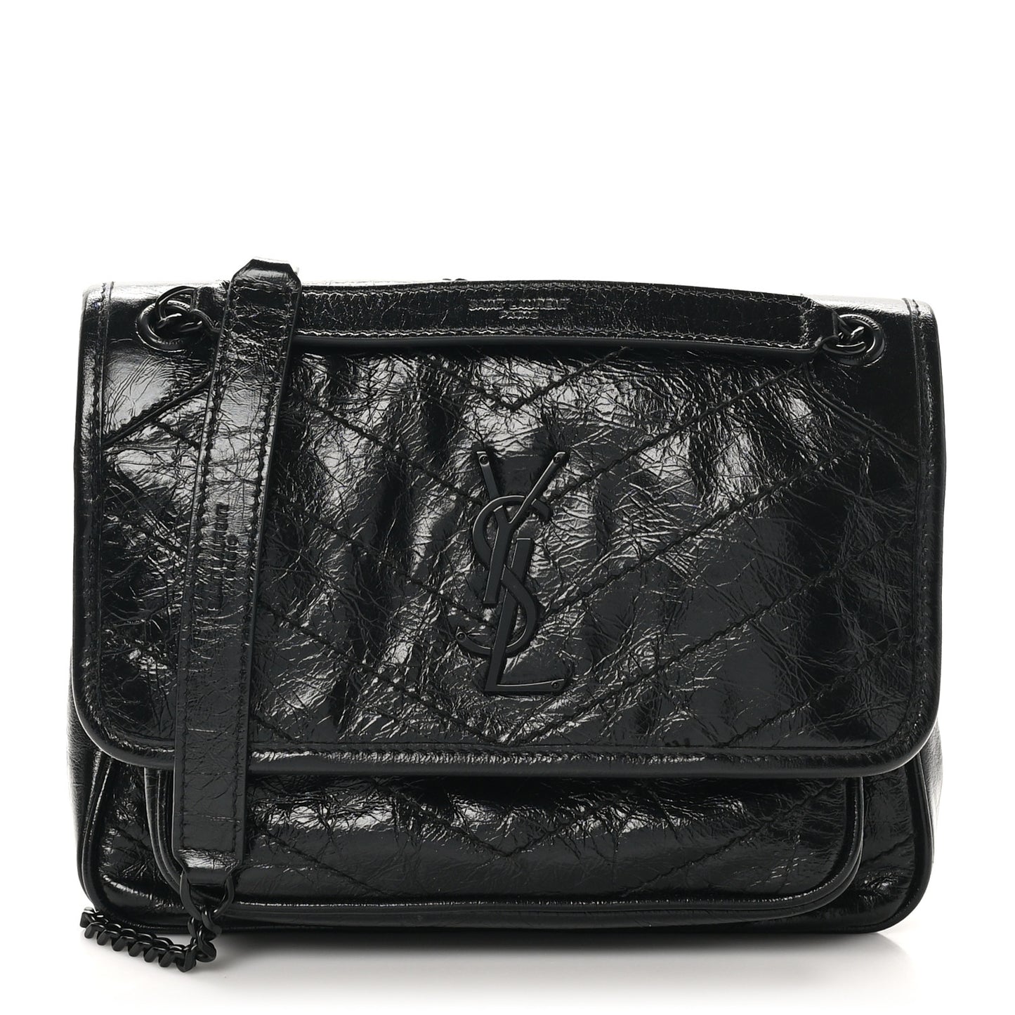 Crinkled Calfskin Matelasse Monogram Baby Niki Chain Satchel Black