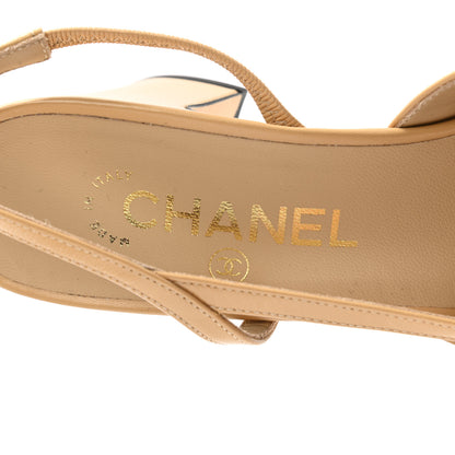 Chanel Goatskin Grosgrain Cap Toe CC Slingback Pumps 38 Beige Black 7 of 9