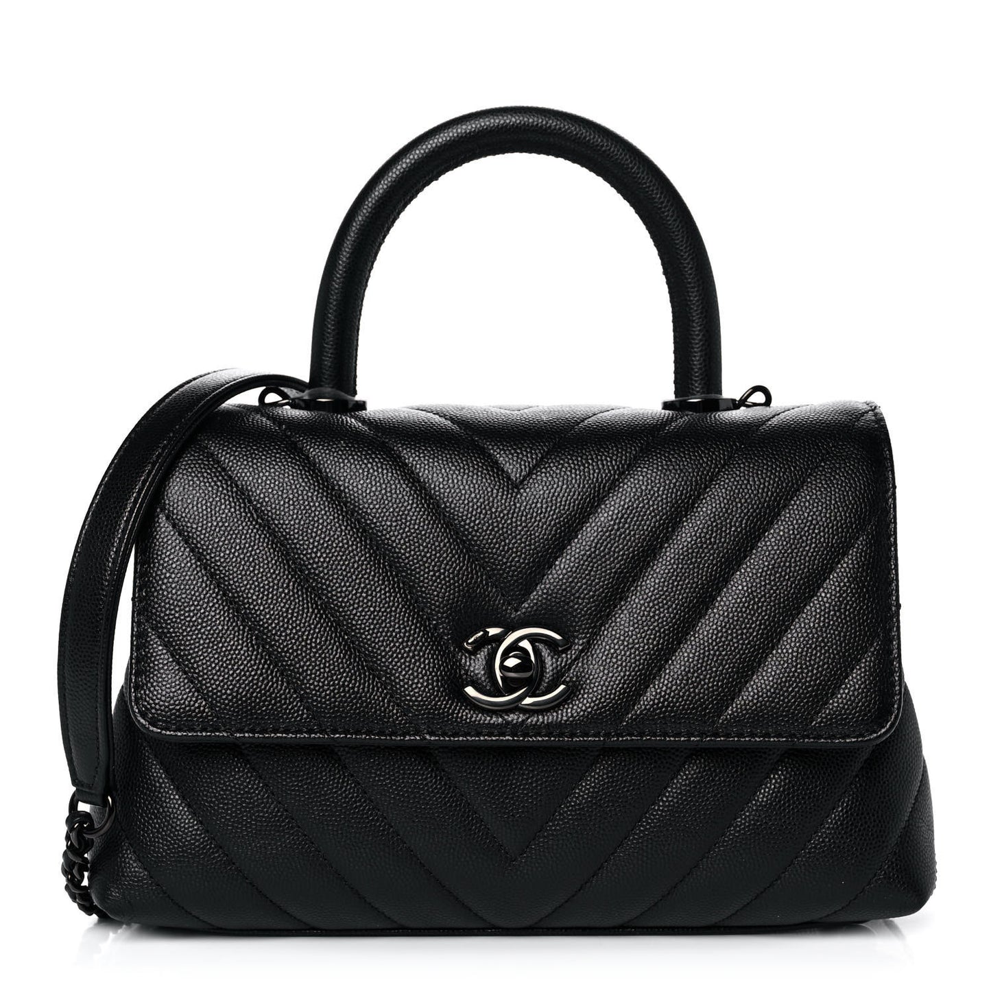 Caviar Chevron Quilted Mini Coco Handle Flap So Black