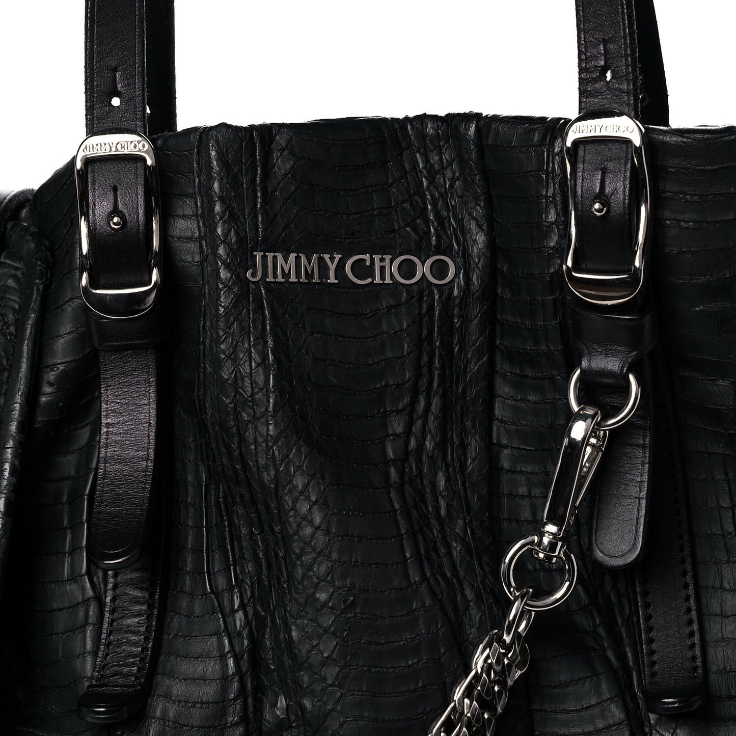 Waxed Snakeskin Chain Embellished Blare Tote Black