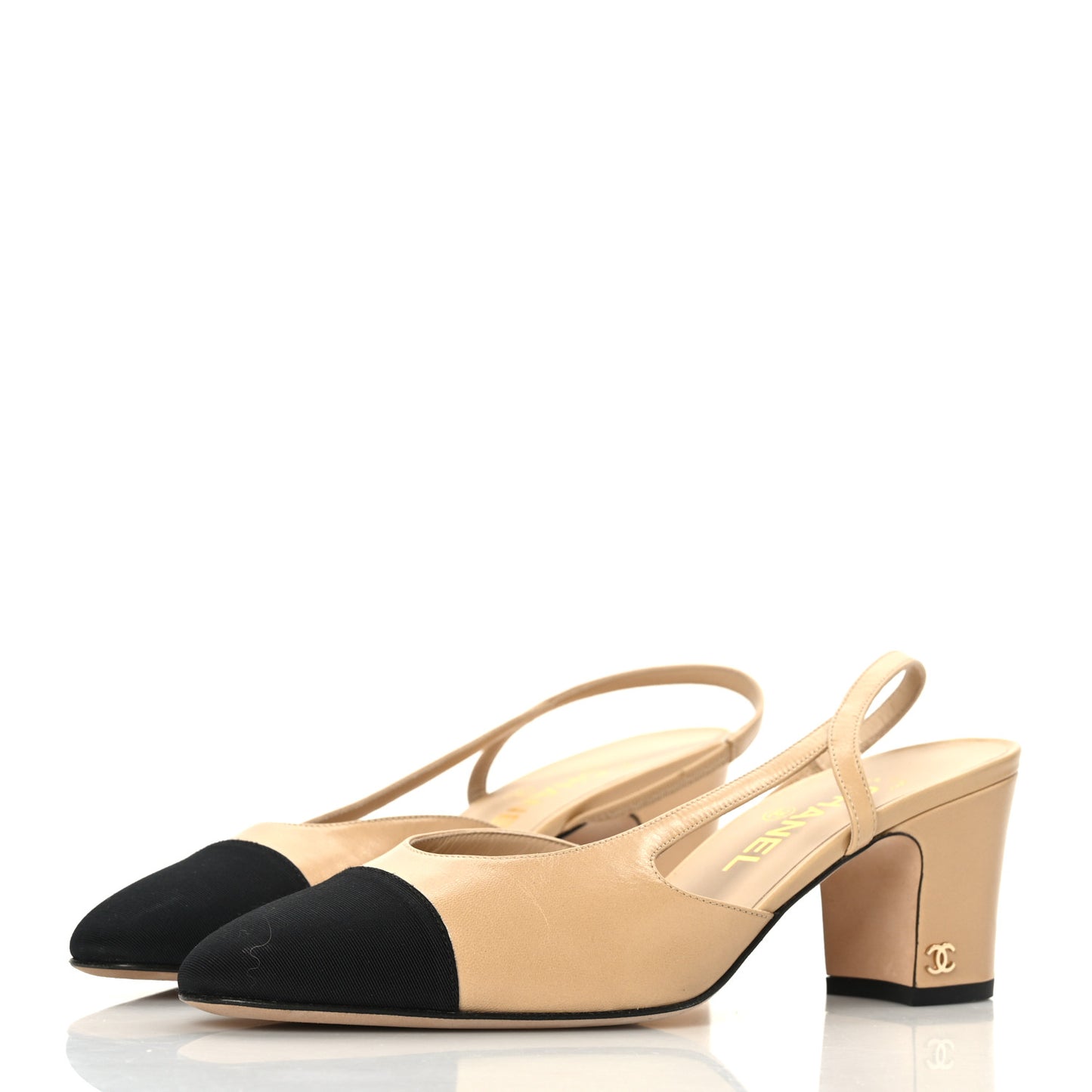 Lambskin Grosgrain Cap Toe CC Slingback Pumps 39 Beige Black