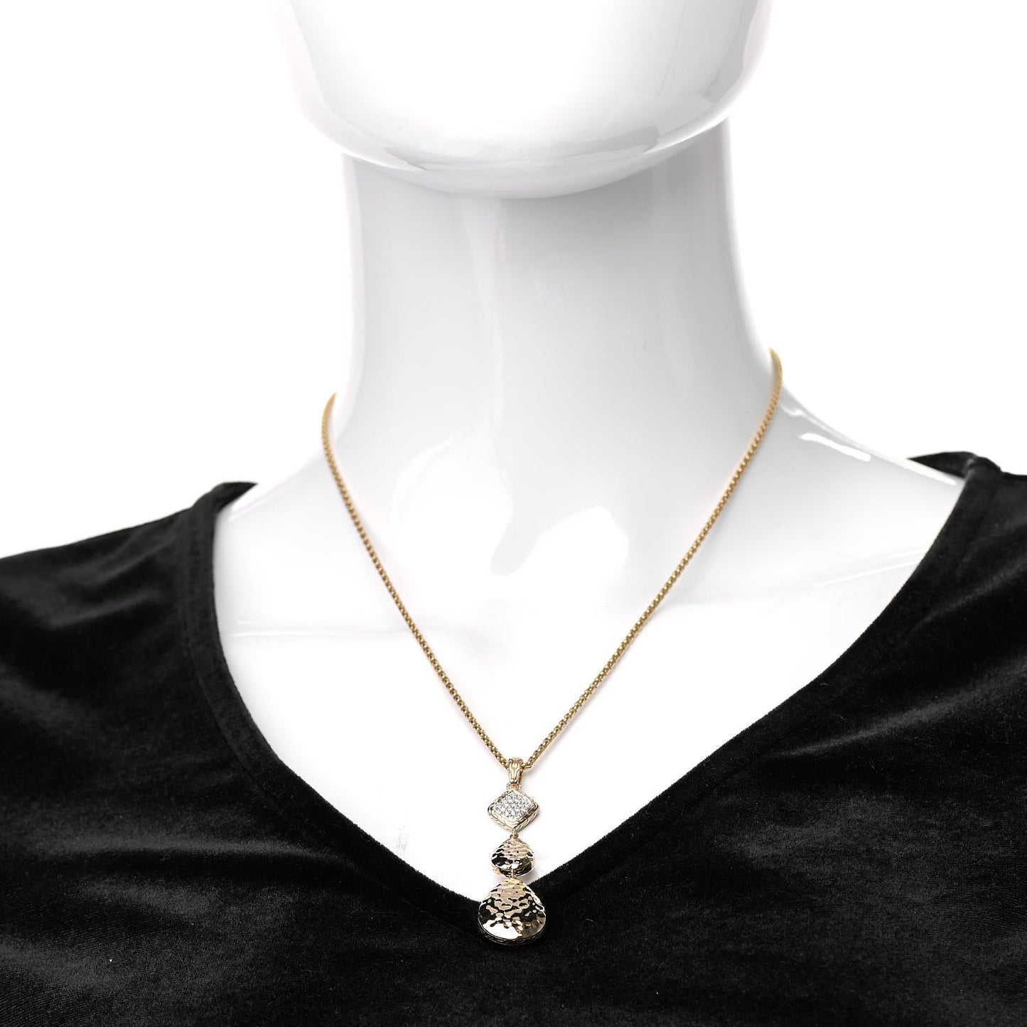 18K Yellow Gold Diamond Hammered Drop Pendant Necklace