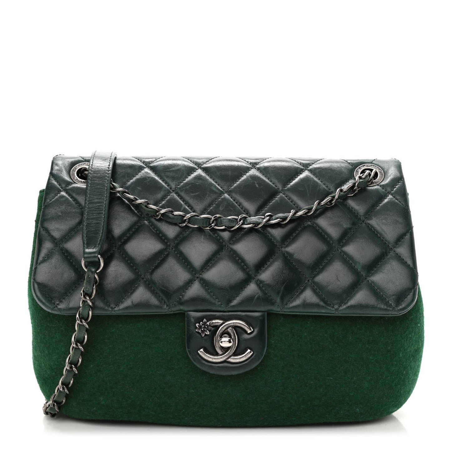 Felt Glazed Calfskin Quilted Edelweiss Flower Flap Dark Green