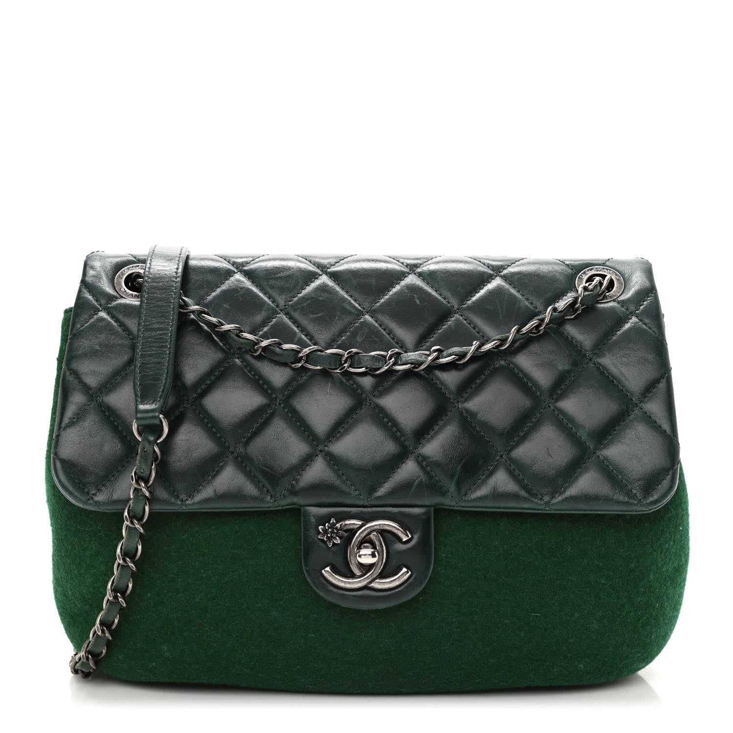 Chanel Felt Glazed Calfskin Quilted Edelweiss Flower Flap Dark Green 1 of 12