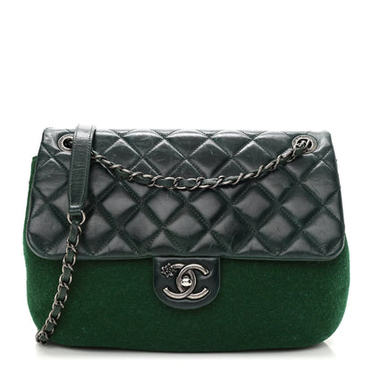 Chanel Felt Glazed Calfskin Quilted Edelweiss Flower Flap Dark Green 1 of 12
