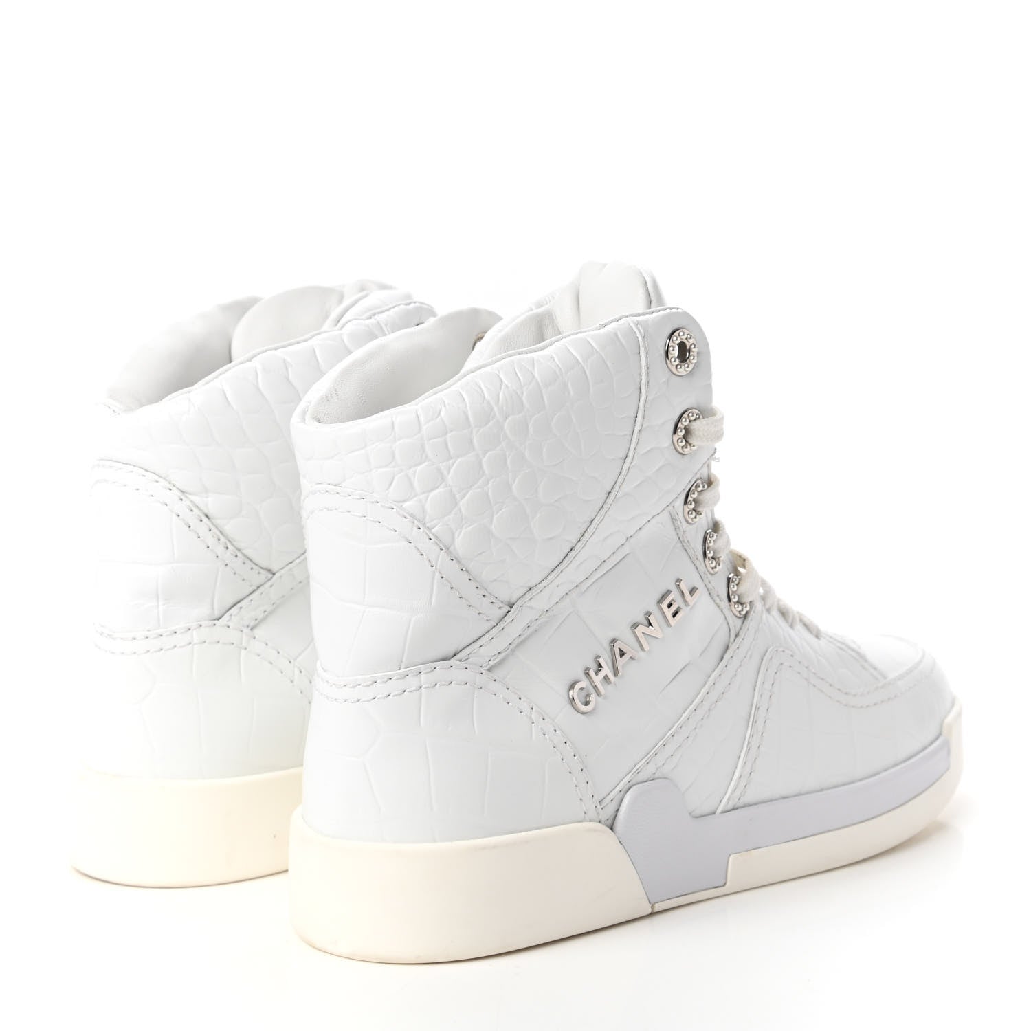 Chanel Calfskin Crocodile Embossed Cocodile High Top Sneakers 37.5 White 4 of 9