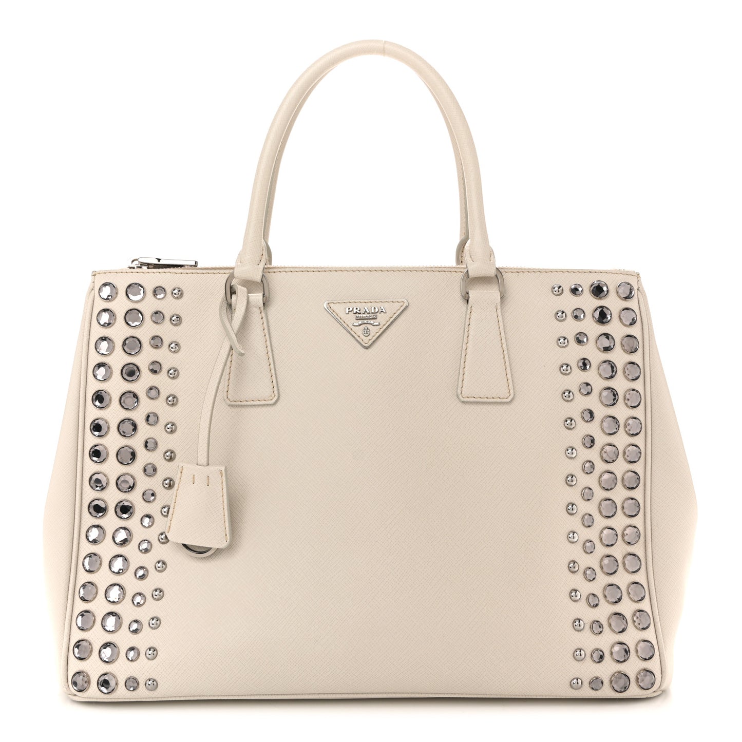Saffiano Lux Studded Crystal Medium Galleria Double Zip Tote Talco