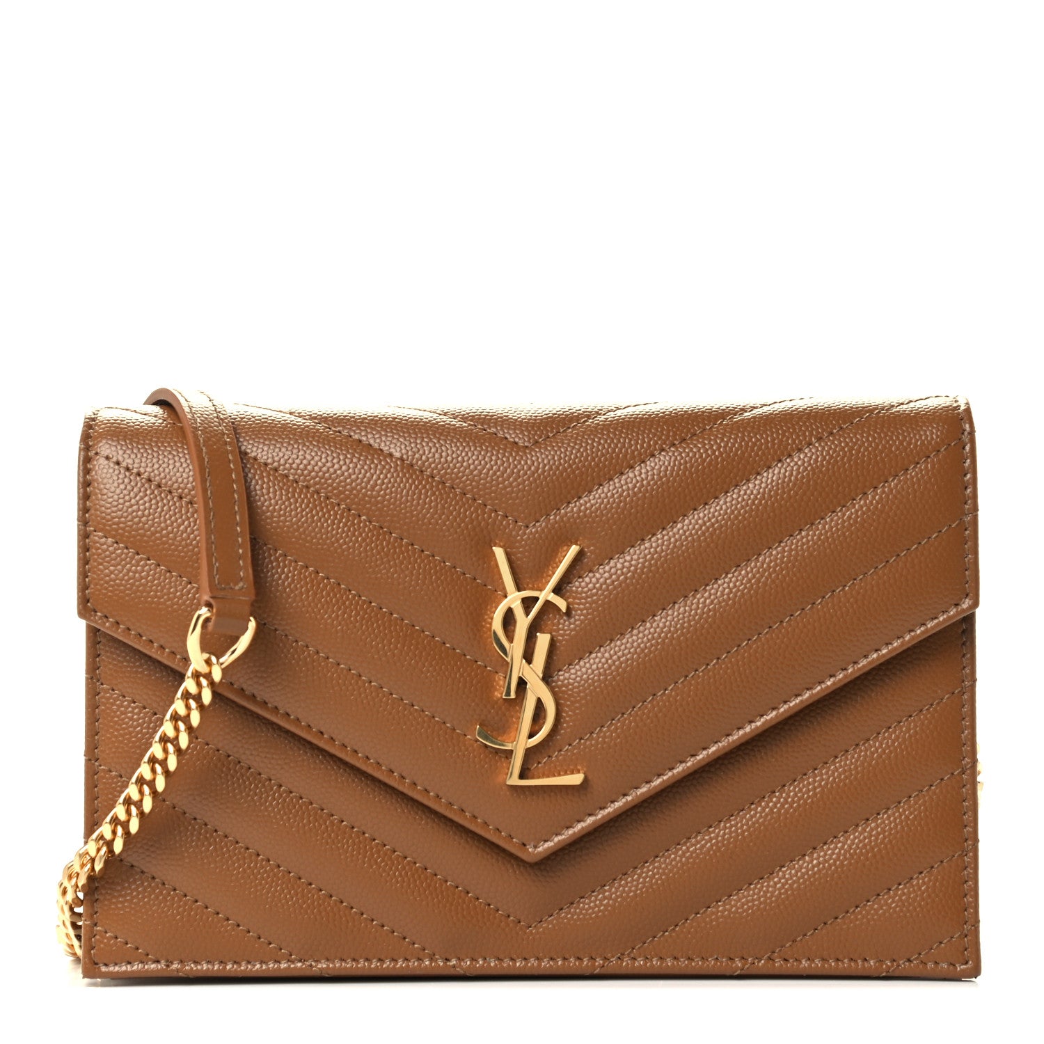 Saint Laurent Grain De Poudre Matelasse Chevron Monogram Envelope Chain Wallet Natural Dark 1 of 11