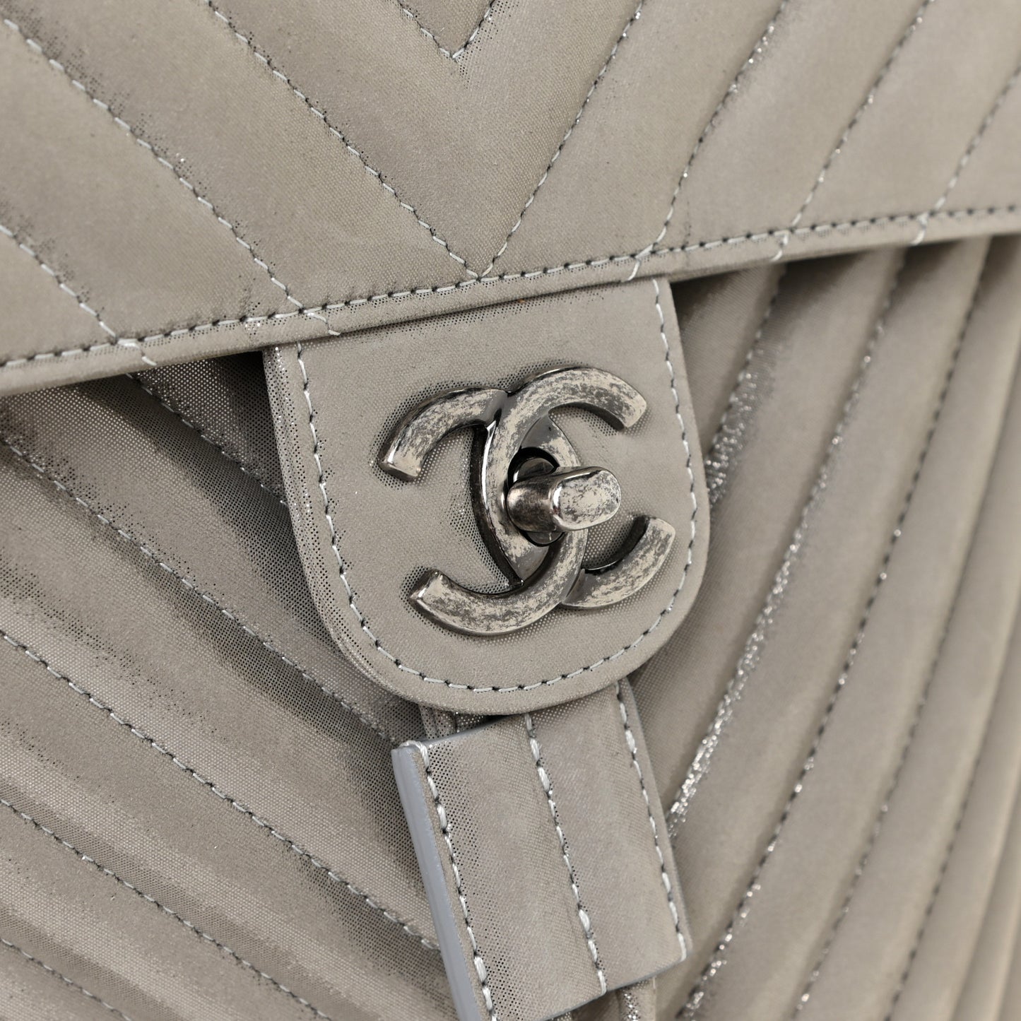Iridescent Calfskin Chevron Quilted Small Urban Spirit Backpack Silver
