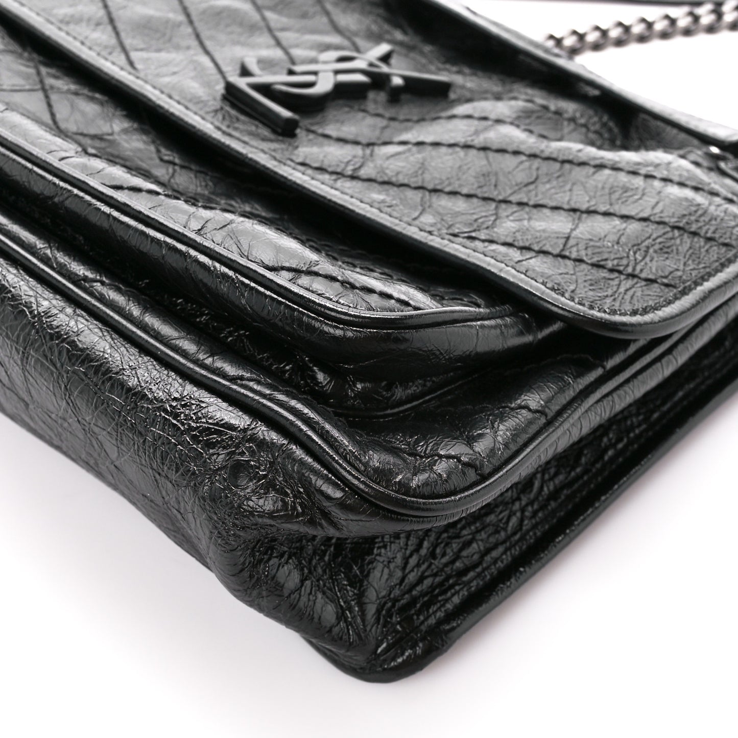 Crinkled Calfskin Matelasse Monogram Medium Niki Chain Satchel Black