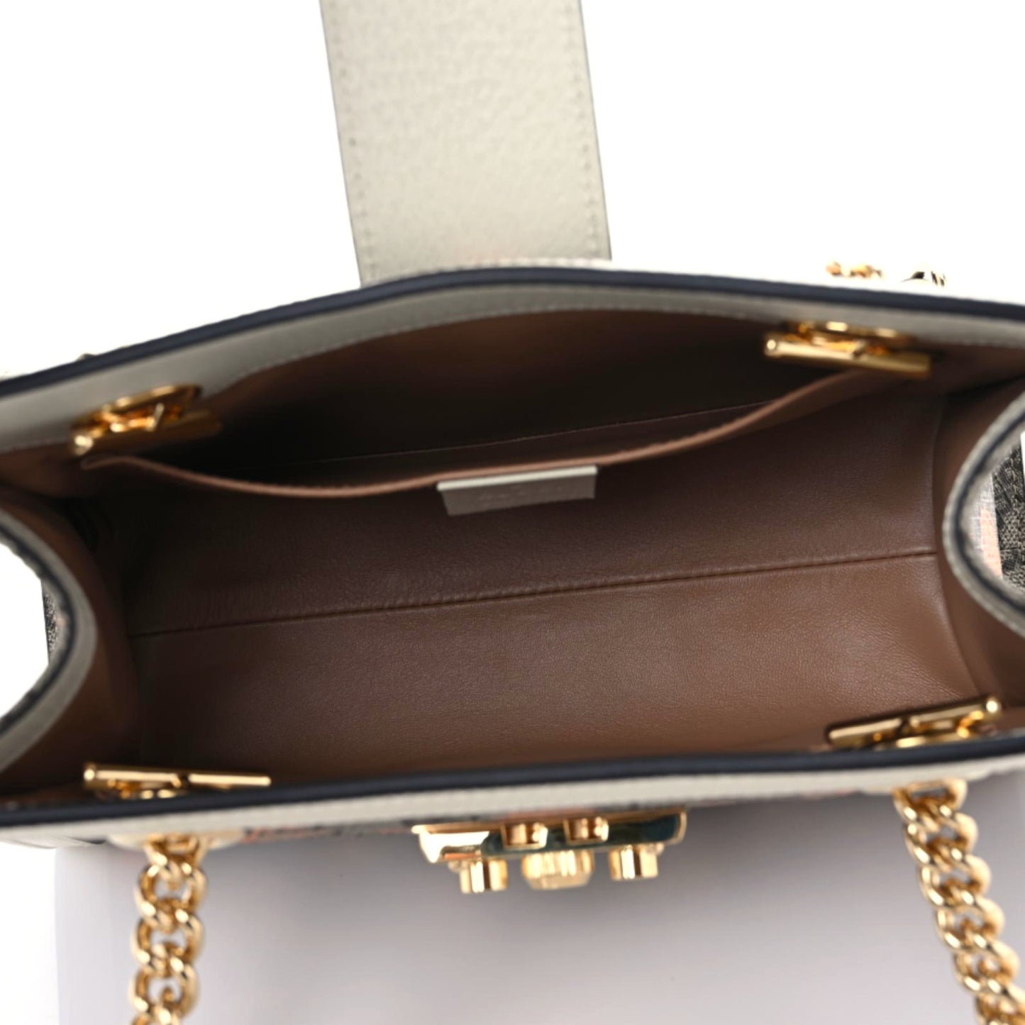 GG Supreme Monogram Berry Textured Dollar Calfskin Small Padlock Tote Beige Ebony Light Copper Mystic White