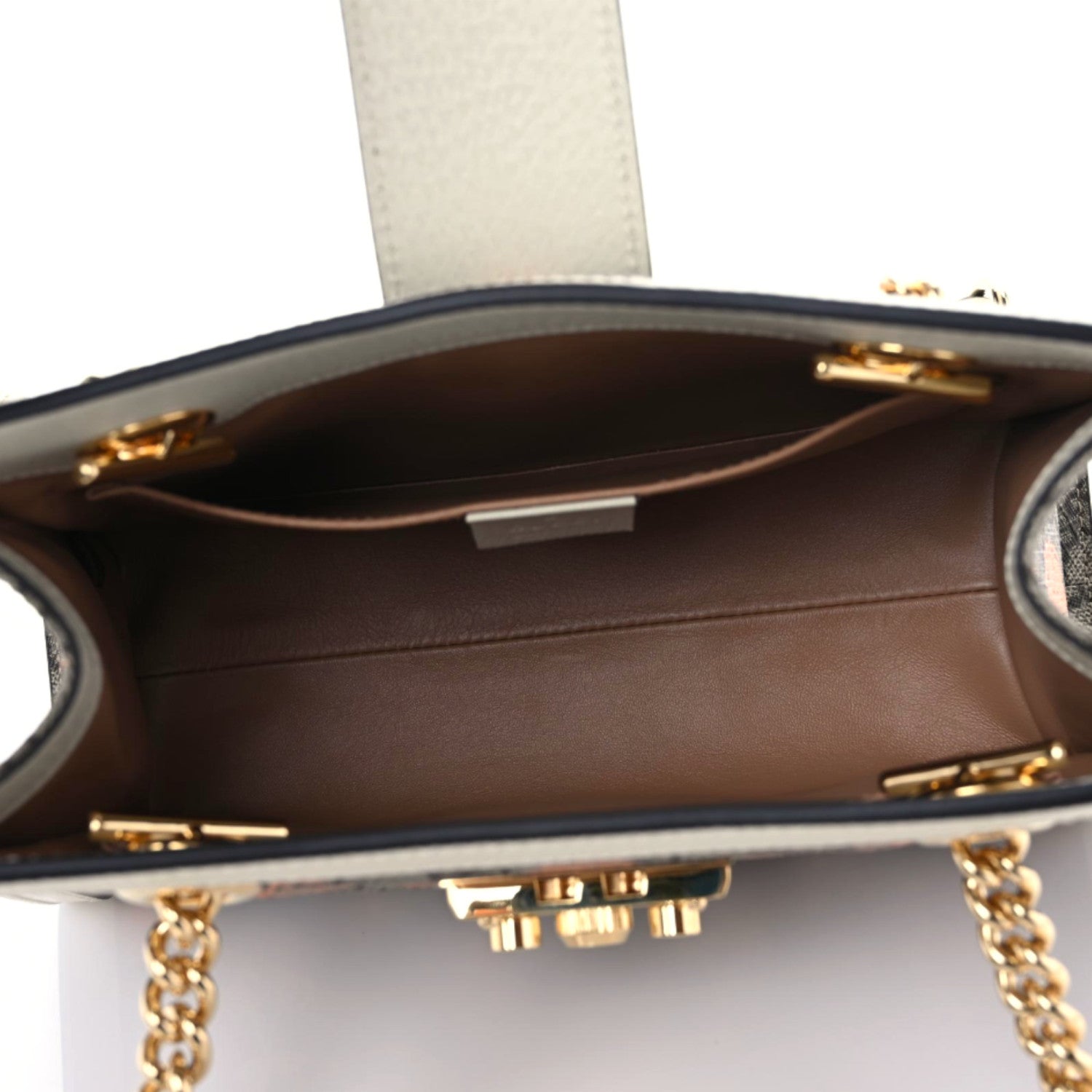 Gucci GG Supreme Monogram Berry Textured Dollar Calfskin Small Padlock Tote Beige Ebony Light Copper Mystic White 7 of 9