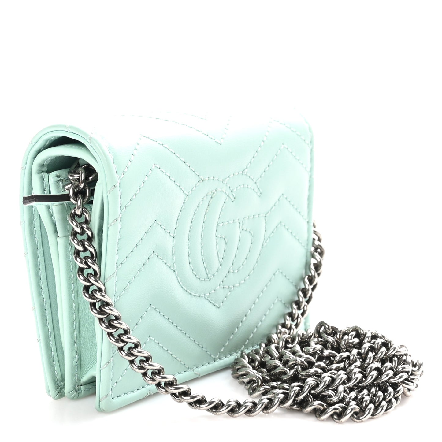 Calfskin Matelasse GG Marmont Mini Wallet On Chain Water Green