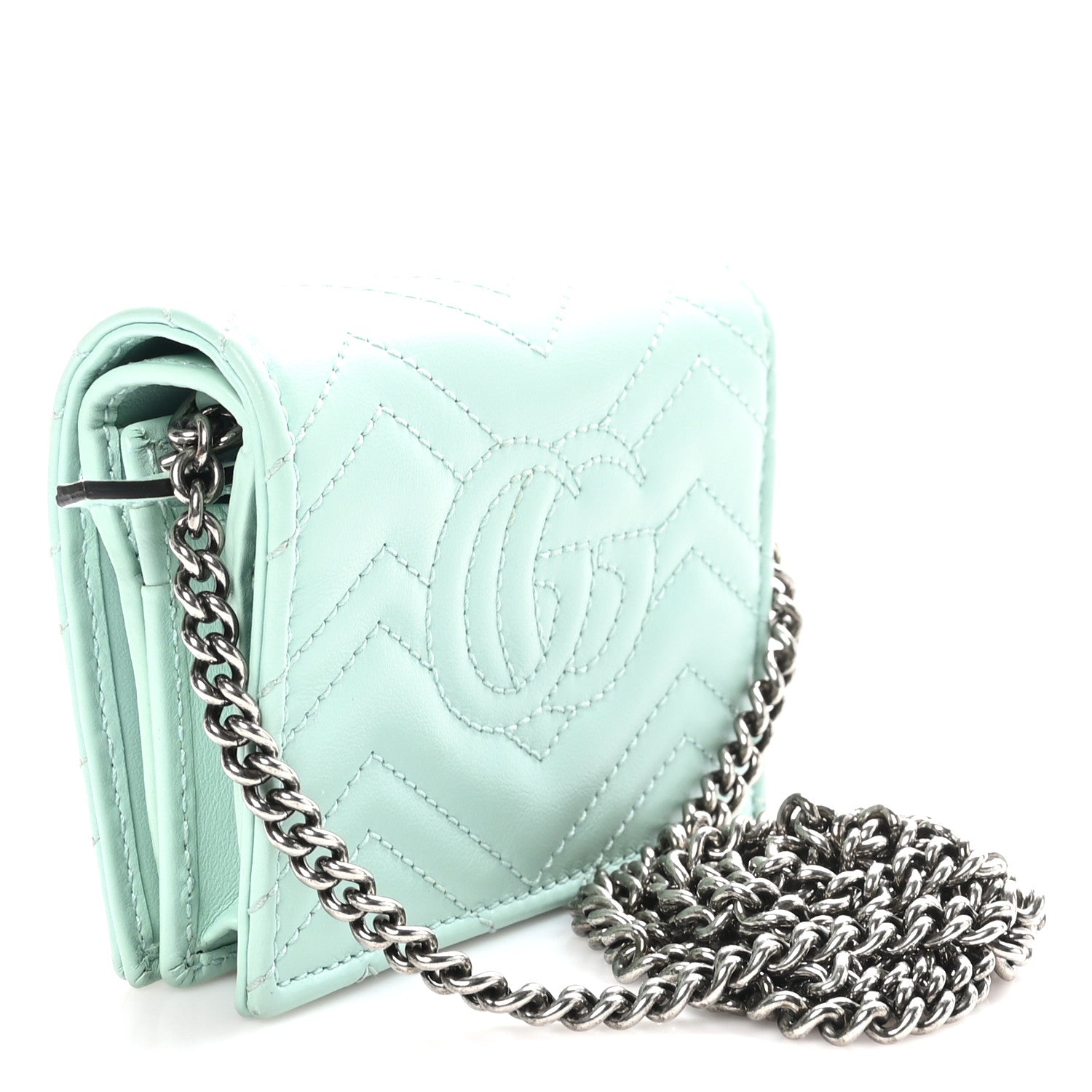 Gucci Calfskin Matelasse GG Marmont Mini Wallet On Chain Water Green 3 of 11