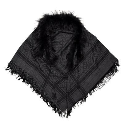 Gucci Wool Silk Fox Fur Monogram Shawl Scarf Black 1 of 4