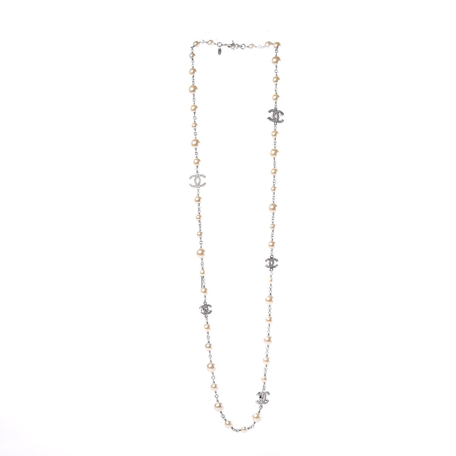 Chanel Crystal Pearl CC Long Necklace Silver 3 of 7