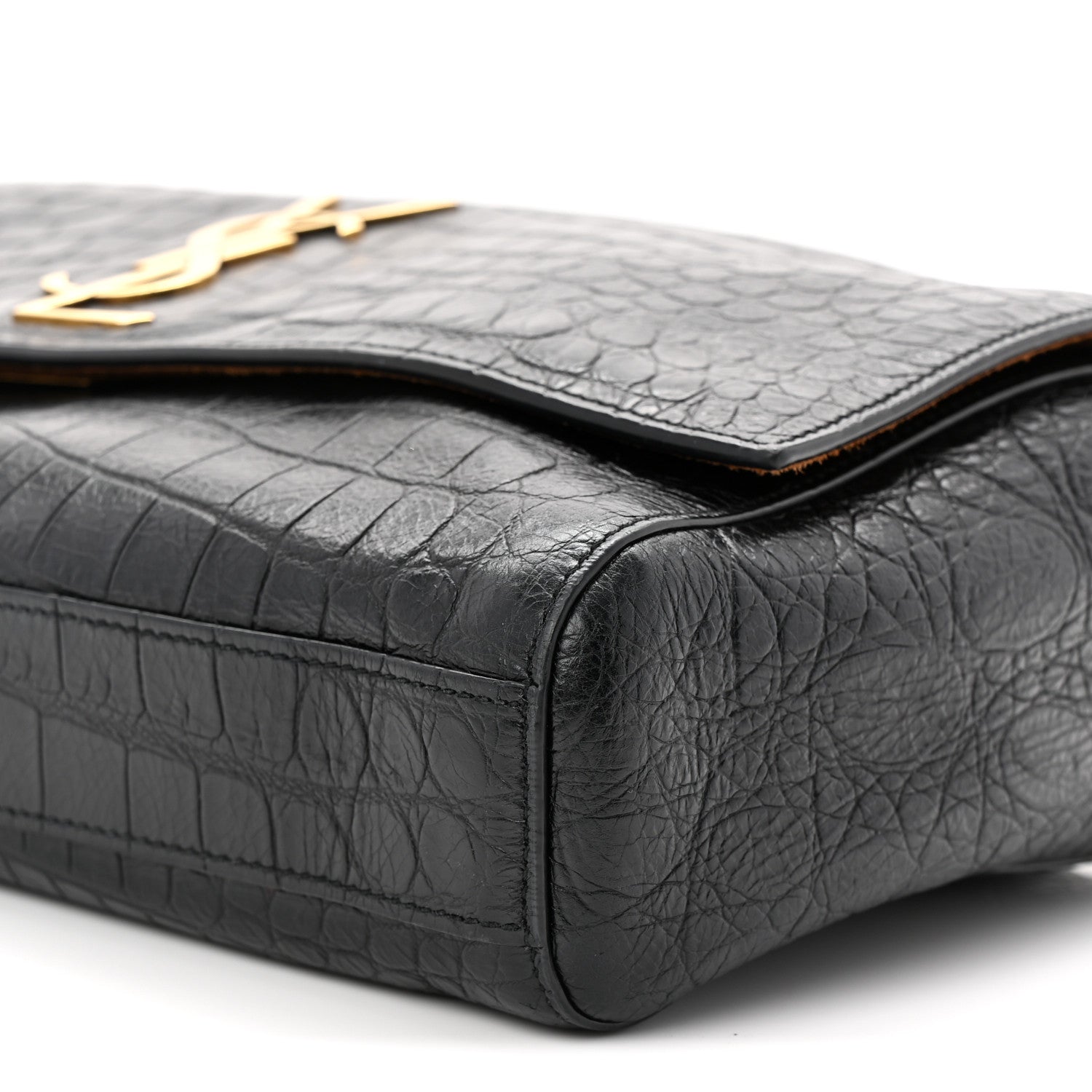 Saint Laurent Calfskin Crocodile Embossed Suede Medium Reversible Monogram Kate Satchel Military Taupe 16 of 17