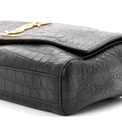 Saint Laurent Calfskin Crocodile Embossed Suede Medium Reversible Monogram Kate Satchel Military Taupe 16 of 17